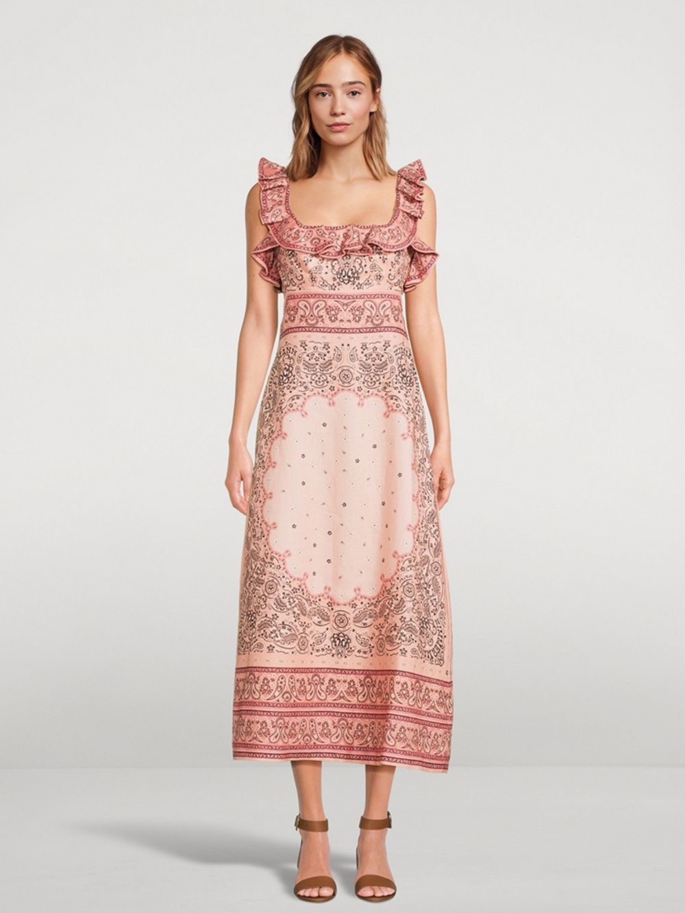 Zimmermann Pink Paisley-Print Ruffle-Trim Midi Dress